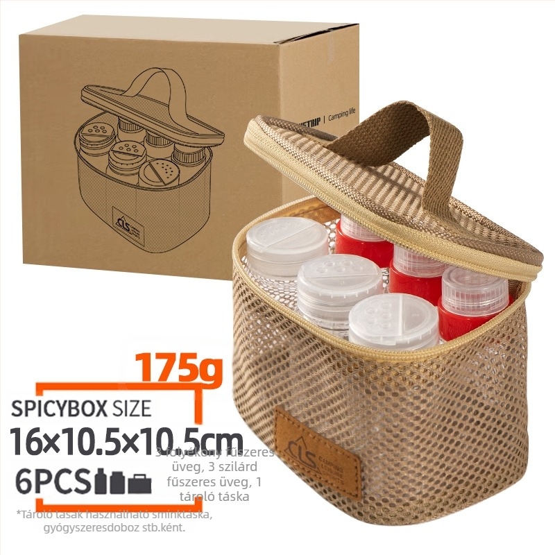 Mini fűszertartó készlet kempingezéshez – hordozható, szigetelt, szélálló, szűrővel, 6 darabos készlet (műanyag, 200 g, 3–5 fő részére)