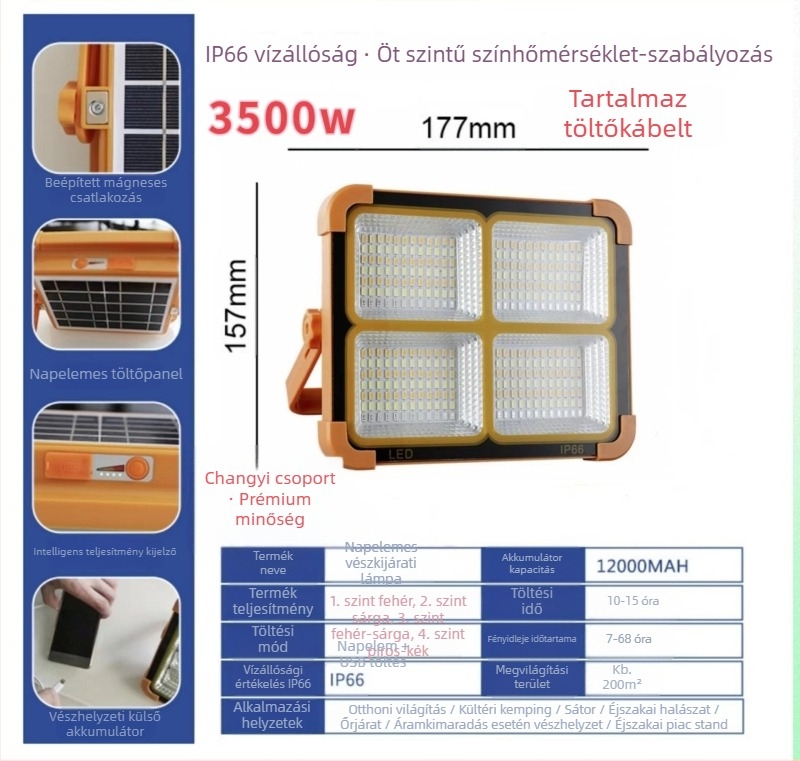 Kemping LED lámpa, napelemes, hordozható, újratölthető vészvilágítással, 5V, 3000, manuális kapcsoló