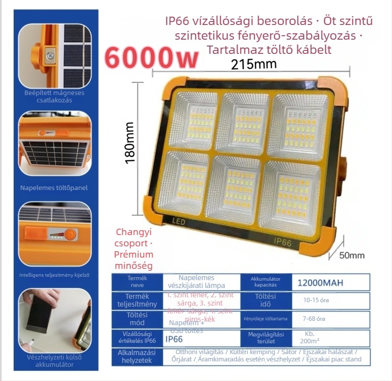 Kemping LED lámpa, napelemes, hordozható, újratölthető vészvilágítással, 5V, 3000, manuális kapcsoló