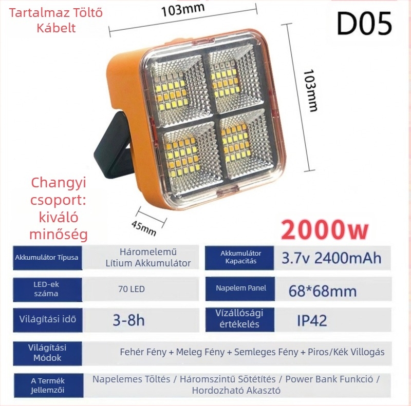 Kemping LED lámpa, napelemes, hordozható, újratölthető vészvilágítással, 5V, 3000, manuális kapcsoló