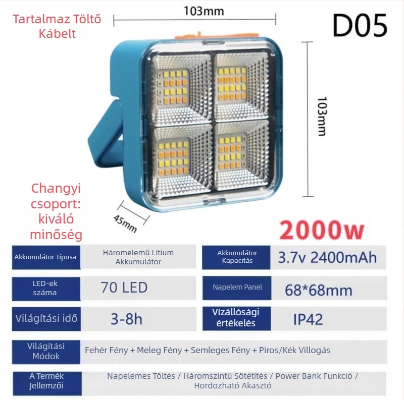 Kemping LED lámpa, napelemes, hordozható, újratölthető vészvilágítással, 5V, 3000, manuális kapcsoló