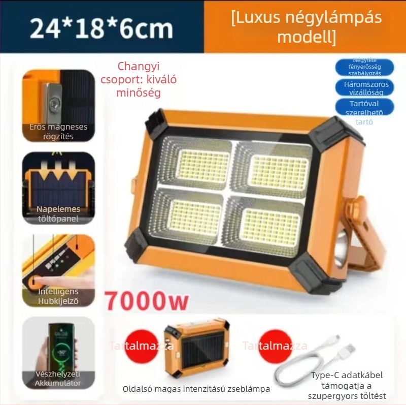 Kemping LED lámpa, napelemes, hordozható, újratölthető vészvilágítással, 5V, 3000, manuális kapcsoló
