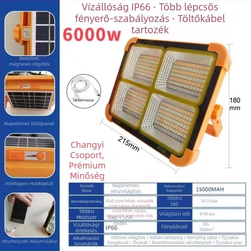 Kemping LED lámpa, napelemes, hordozható, újratölthető vészvilágítással, 5V, 3000, manuális kapcsoló