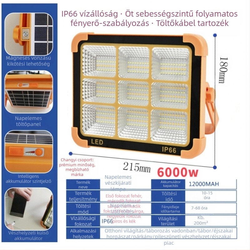 Kemping LED lámpa, napelemes, hordozható, újratölthető vészvilágítással, 5V, 3000, manuális kapcsoló