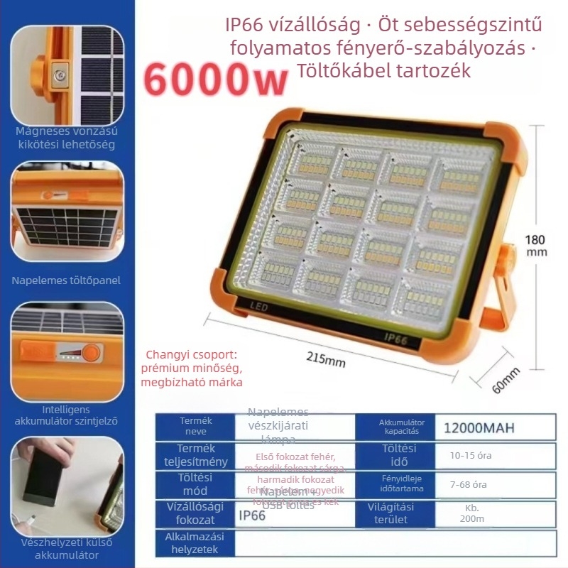 Kemping LED lámpa, napelemes, hordozható, újratölthető vészvilágítással, 5V, 3000, manuális kapcsoló