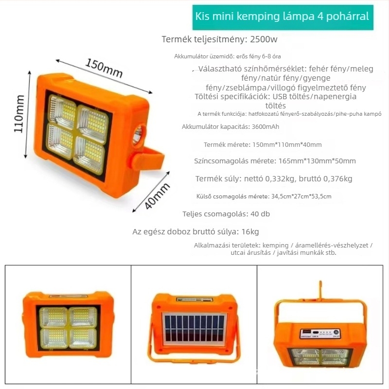 Kemping LED lámpa, napelemes, hordozható, újratölthető vészvilágítással, 5V, 3000, manuális kapcsoló