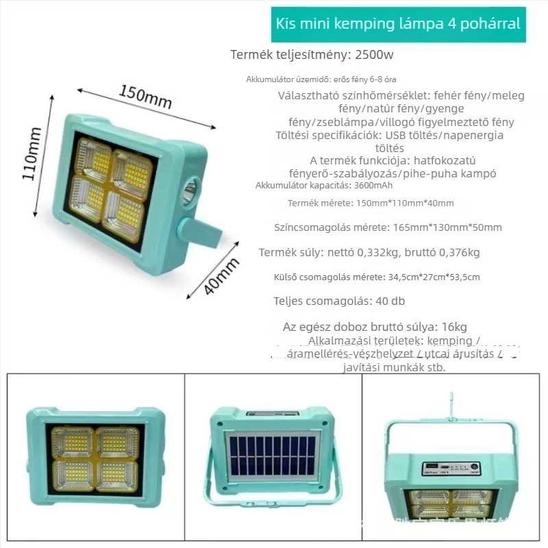 Kemping LED lámpa, napelemes, hordozható, újratölthető vészvilágítással, 5V, 3000, manuális kapcsoló
