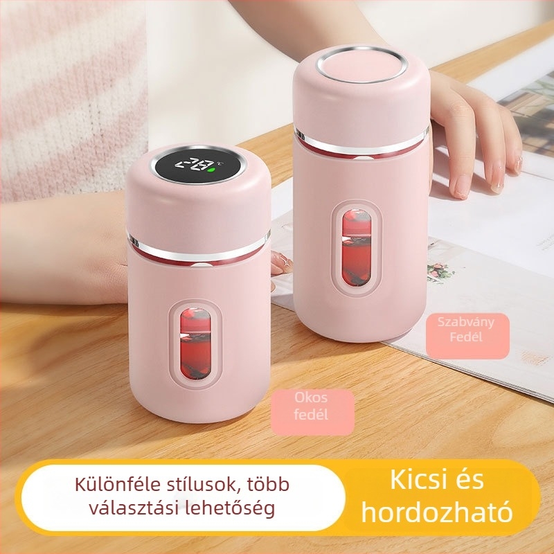 Kétszeres falú boroszilikát üvegpohár fedéllel és szűrővel, hőmérsékletméréssel, szivárgásmentes, hordozható irodai teás pohár