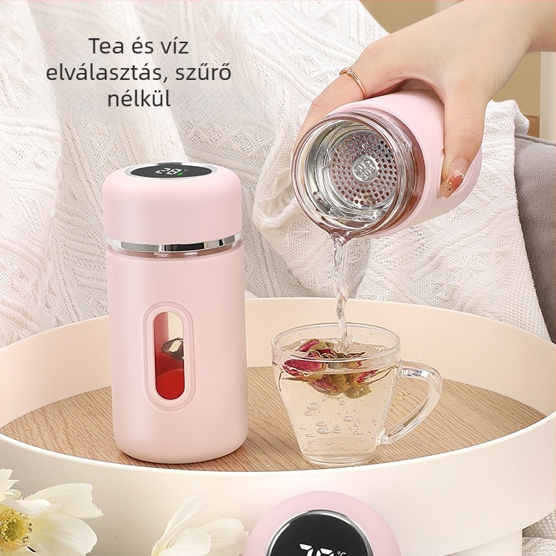 Kétszeres falú boroszilikát üvegpohár fedéllel és szűrővel, hőmérsékletméréssel, szivárgásmentes, hordozható irodai teás pohár
