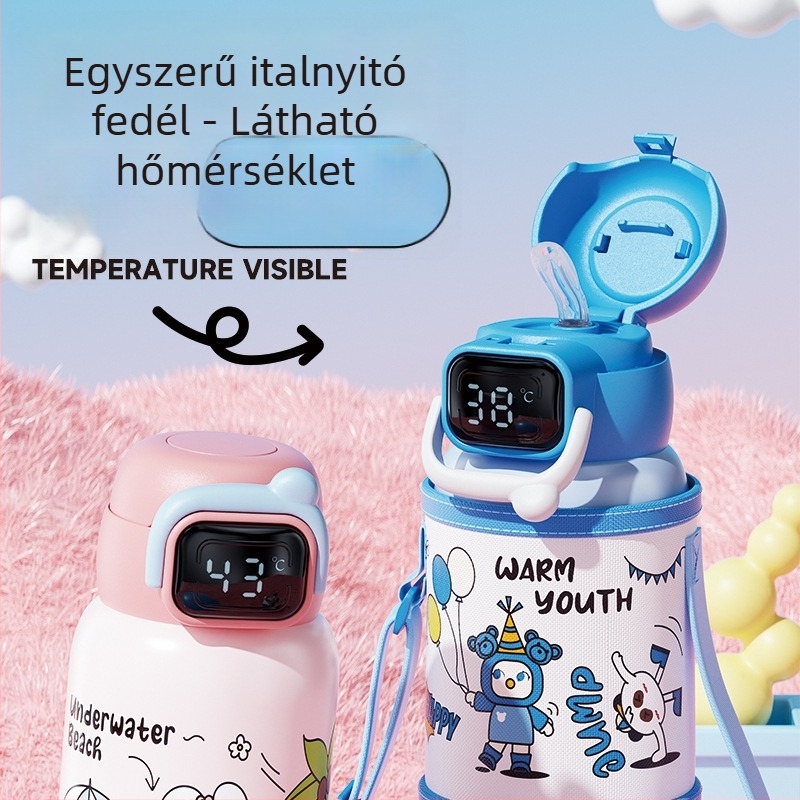Gyerekek termosz pohár 316 rozsdamentes acél belsővel, 304 rozsdamentes acél külsővel, 6–12 órás szigetelés, szívószál, hőmérsékletmérés