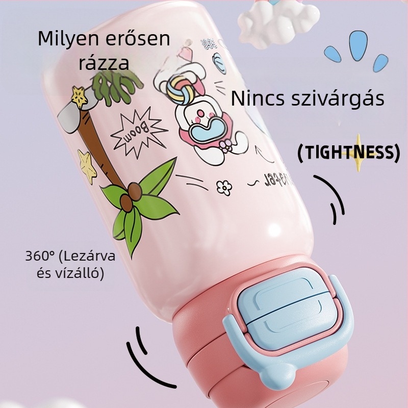 Gyerekek termosz pohár 316 rozsdamentes acél belsővel, 304 rozsdamentes acél külsővel, 6–12 órás szigetelés, szívószál, hőmérsékletmérés