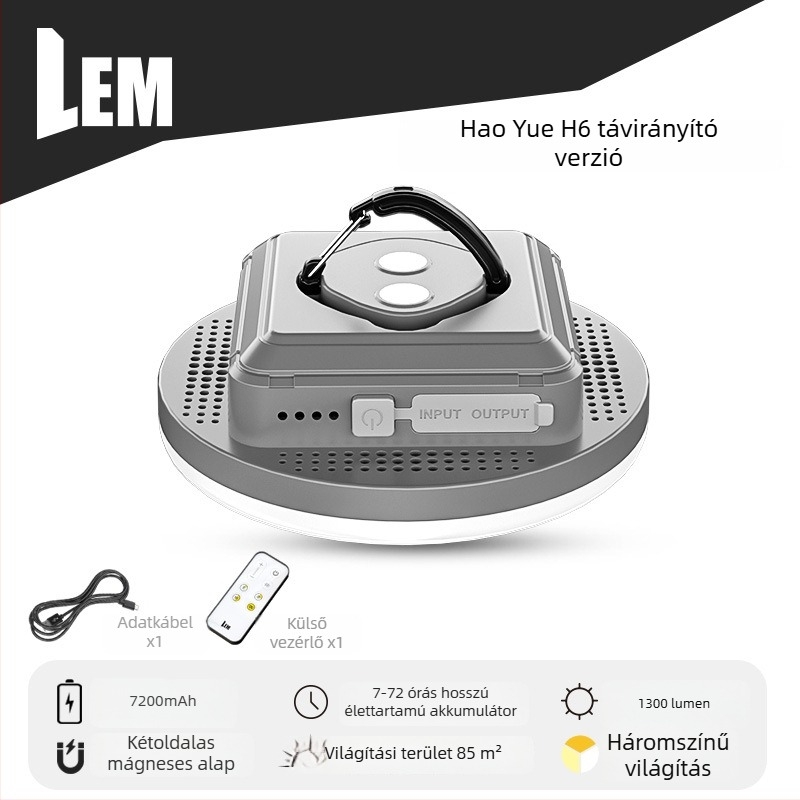 LEM LED kemping lámpa akasztó dizájnnal, újratölthető lítium akkumulátorral, 5V 20W