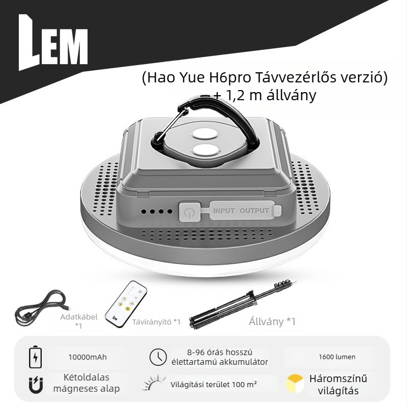 LEM LED kemping lámpa akasztó dizájnnal, újratölthető lítium akkumulátorral, 5V 20W