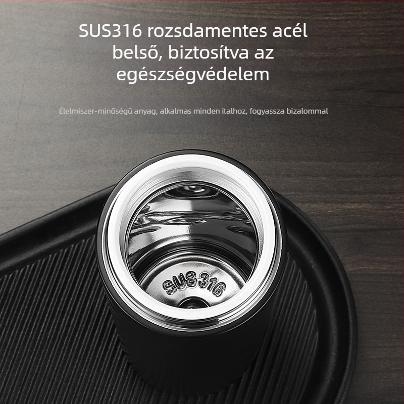 Autó termosz pohár: belső 316 rozsdamentes acél, külső 304 rozsdamentes acél, hőmérséklet kijelző, tea és víz szeparáció, 6–12 órás szigetelés