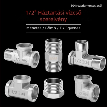 Rozsdamentes acél vízcső idomok: T-ág, könyök, menet férfi-nő, egyenes csatlakozó, 4 részes készlet