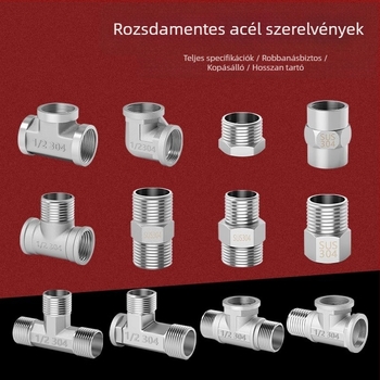 Rozsdamentes acél vízcső idomok: T-ág, könyök, menet férfi-nő, egyenes csatlakozó, 4 részes készlet