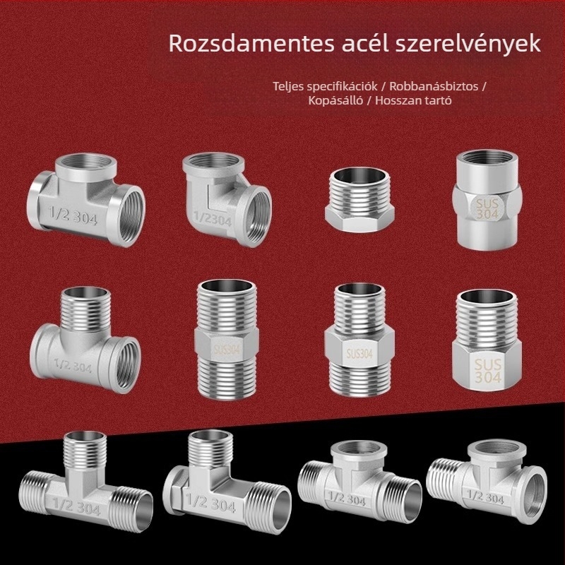 Rozsdamentes acél vízcső idomok: T-ág, könyök, menet férfi-nő, egyenes csatlakozó, 4 részes készlet