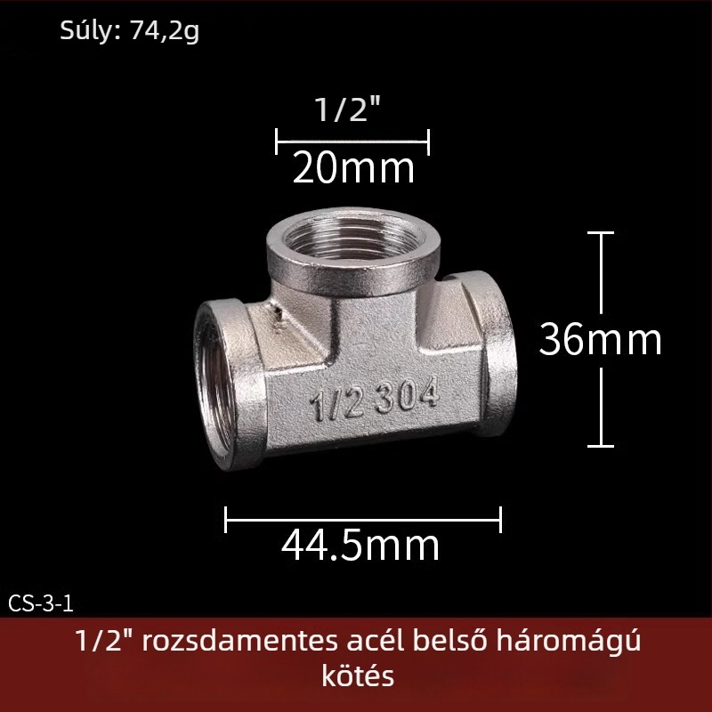 Rozsdamentes acél vízcső idomok: T-ág, könyök, menet férfi-nő, egyenes csatlakozó, 4 részes készlet