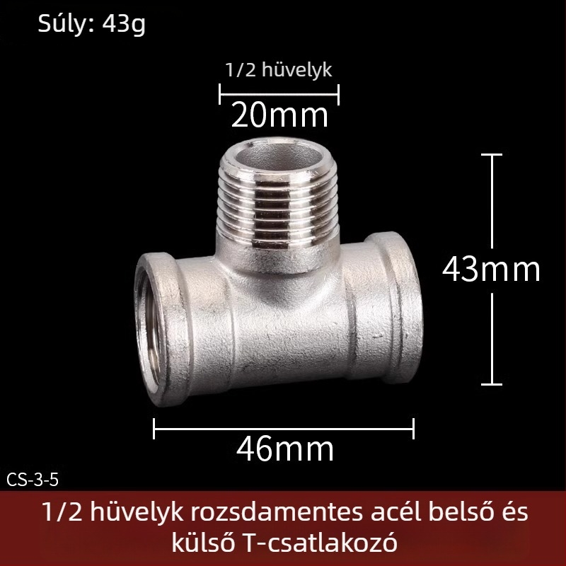 Rozsdamentes acél vízcső idomok: T-ág, könyök, menet férfi-nő, egyenes csatlakozó, 4 részes készlet
