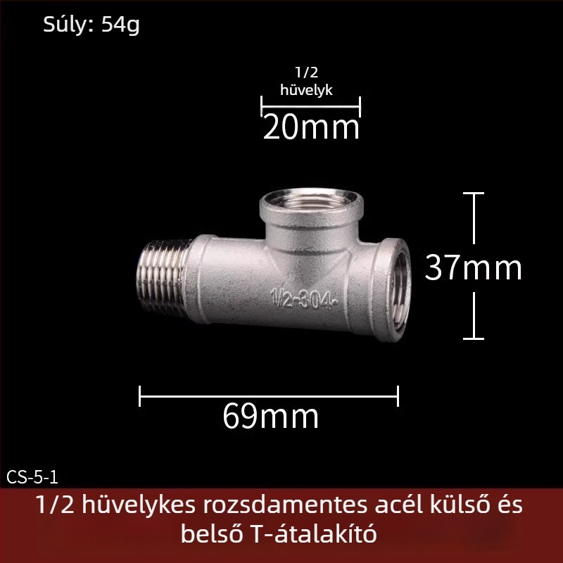 Rozsdamentes acél vízcső idomok: T-ág, könyök, menet férfi-nő, egyenes csatlakozó, 4 részes készlet