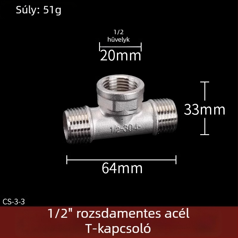Rozsdamentes acél vízcső idomok: T-ág, könyök, menet férfi-nő, egyenes csatlakozó, 4 részes készlet