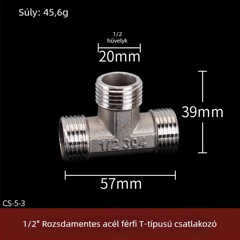 Rozsdamentes acél vízcső idomok: T-ág, könyök, menet férfi-nő, egyenes csatlakozó, 4 részes készlet