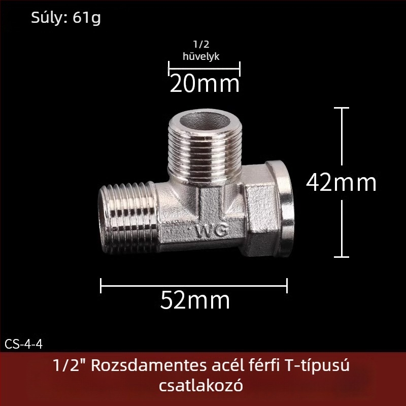 Rozsdamentes acél vízcső idomok: T-ág, könyök, menet férfi-nő, egyenes csatlakozó, 4 részes készlet