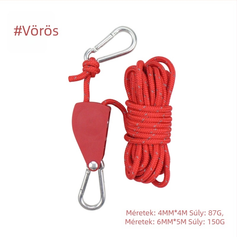 Állítható sátor- és baldahinnal kötélfeszítő, fém görgővel, szélálló, fényvisszaverő kötél, nylon, ötvözet és poliészter paracord