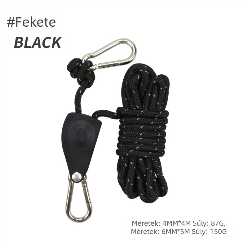 Állítható sátor- és baldahinnal kötélfeszítő, fém görgővel, szélálló, fényvisszaverő kötél, nylon, ötvözet és poliészter paracord