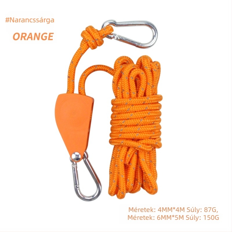 Állítható sátor- és baldahinnal kötélfeszítő, fém görgővel, szélálló, fényvisszaverő kötél, nylon, ötvözet és poliészter paracord