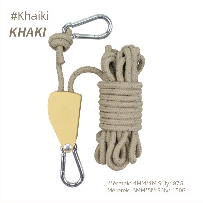 Állítható sátor- és baldahinnal kötélfeszítő, fém görgővel, szélálló, fényvisszaverő kötél, nylon, ötvözet és poliészter paracord
