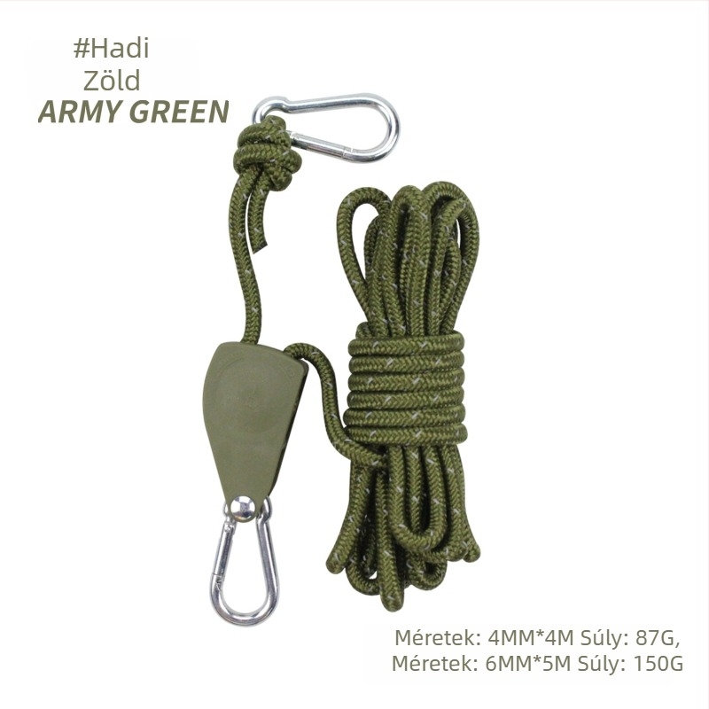 Állítható sátor- és baldahinnal kötélfeszítő, fém görgővel, szélálló, fényvisszaverő kötél, nylon, ötvözet és poliészter paracord