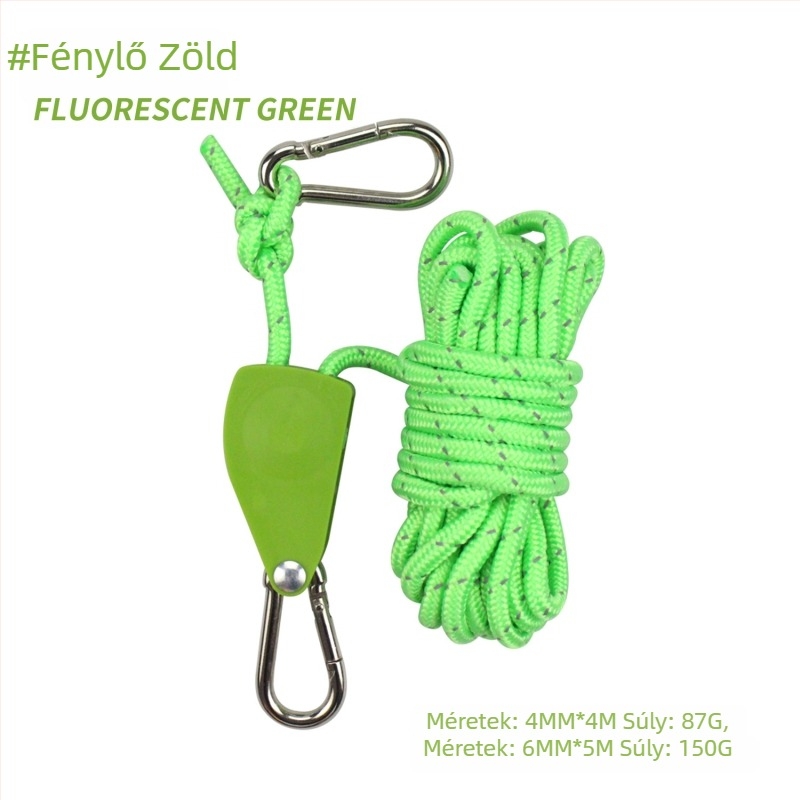 Állítható sátor- és baldahinnal kötélfeszítő, fém görgővel, szélálló, fényvisszaverő kötél, nylon, ötvözet és poliészter paracord