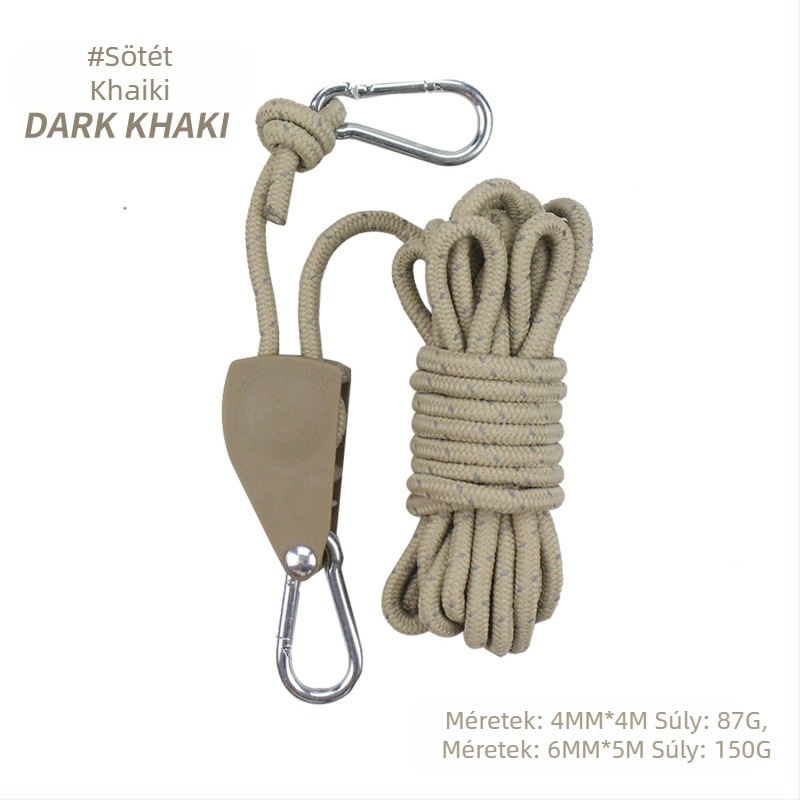 Állítható sátor- és baldahinnal kötélfeszítő, fém görgővel, szélálló, fényvisszaverő kötél, nylon, ötvözet és poliészter paracord