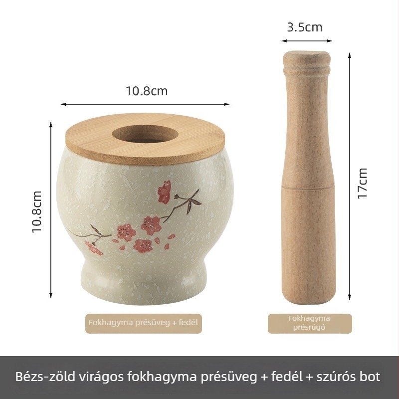 Kerámiából készült fokhagyma törő mozsárfa pestlivel, antik/vintage stílusban