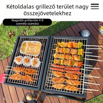 Kétoldalas szénacél grill tálca, hordozható, összecsukható kültéri használatra (sütés és pirítás, 4,2 kg, 3–5 adag)