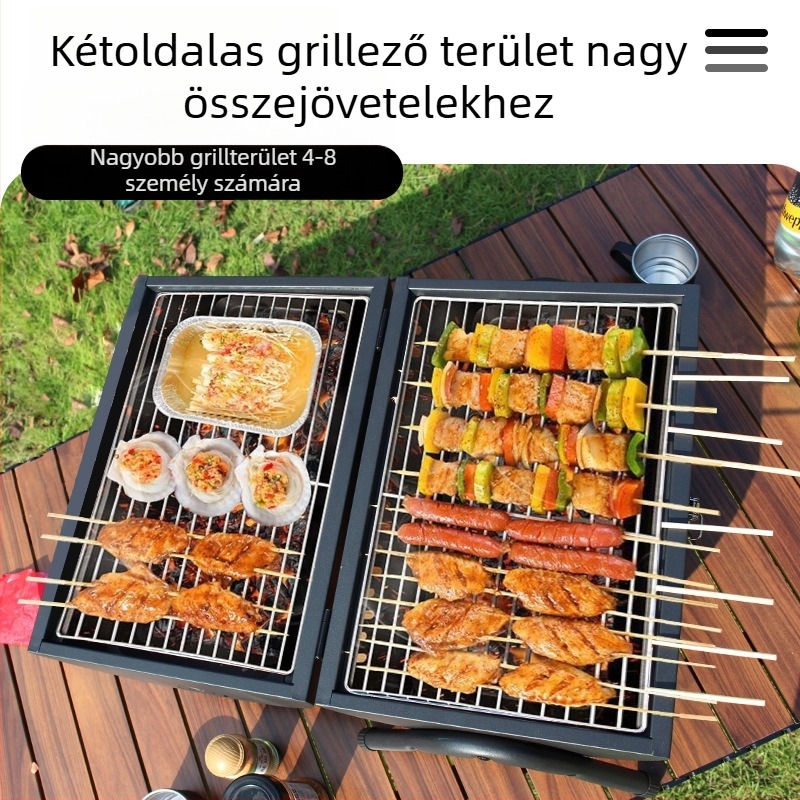 Kétoldalas szénacél grill tálca, hordozható, összecsukható kültéri használatra (sütés és pirítás, 4,2 kg, 3–5 adag)