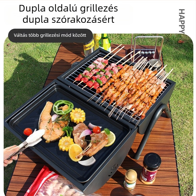 Kétoldalas szénacél grill tálca, hordozható, összecsukható kültéri használatra (sütés és pirítás, 4,2 kg, 3–5 adag)