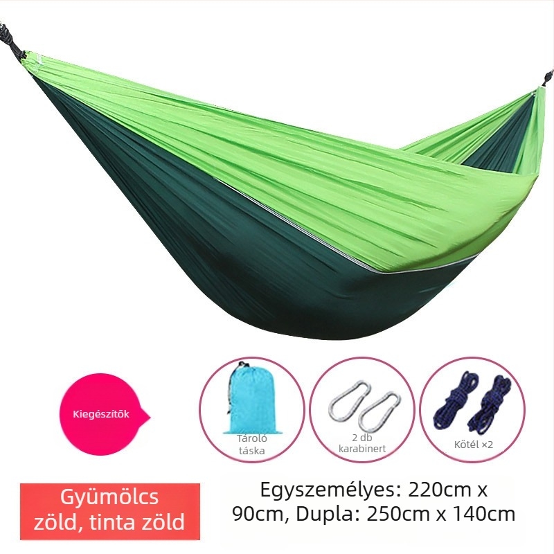 Kültéri parašutanyagú függőágy, könnyű és lélegző, dupla függőágy; 210T nylon, teherbírás 300, tömeg 600 g