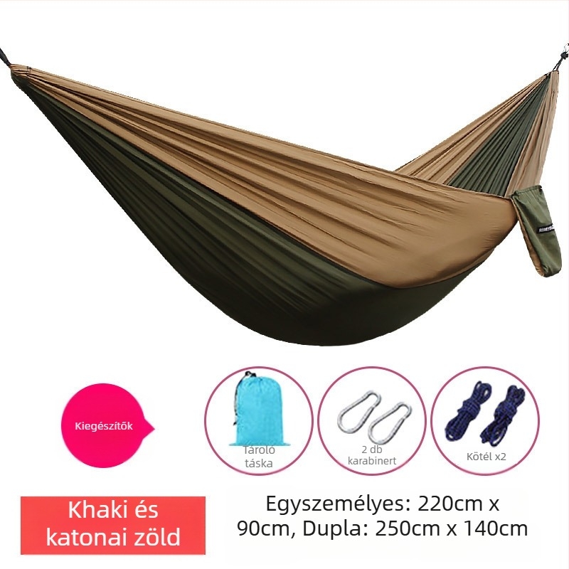 Kültéri parašutanyagú függőágy, könnyű és lélegző, dupla függőágy; 210T nylon, teherbírás 300, tömeg 600 g
