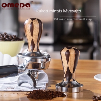 Rozsdamentes acél kávétamper fa fogantyúval, 0.3 kg, privát címke elérhető