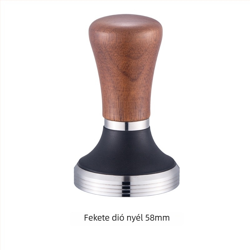 Rozsdamentes acél kávétamper fa fogantyúval, 0.3 kg, privát címke elérhető