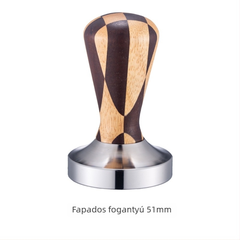 Rozsdamentes acél kávétamper fa fogantyúval, 0.3 kg, privát címke elérhető
