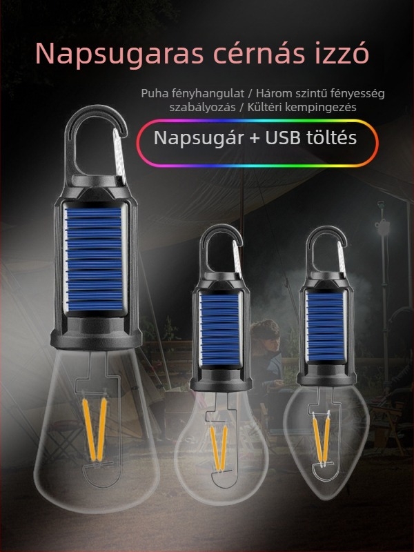 LED-es kempinglámpa, napelemes, 3.7V, 1W, hordozható, gombkapcsoló