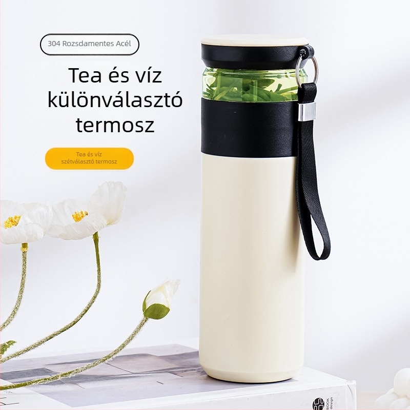 Tea szeparáló termosz, belső tartály 304 rozsdamentes acél, külső héj 201 rozsdamentes acél, 6–12 órás szigetelés, hordozható irodai és autós használatra