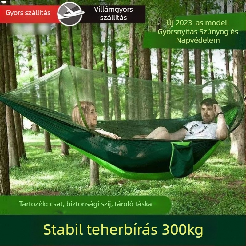 Kemping függőágy szúnyoghálóval, gyorsnyitású, állvánnyal, ejtőernyő anyagból, egy- vagy kétszemélyes