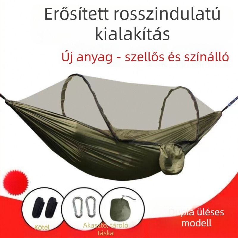 Kemping függőágy szúnyoghálóval, gyorsnyitású, állvánnyal, ejtőernyő anyagból, egy- vagy kétszemélyes