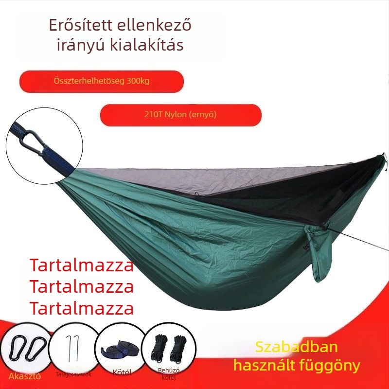 Kemping függőágy szúnyoghálóval, gyorsnyitású, állvánnyal, ejtőernyő anyagból, egy- vagy kétszemélyes