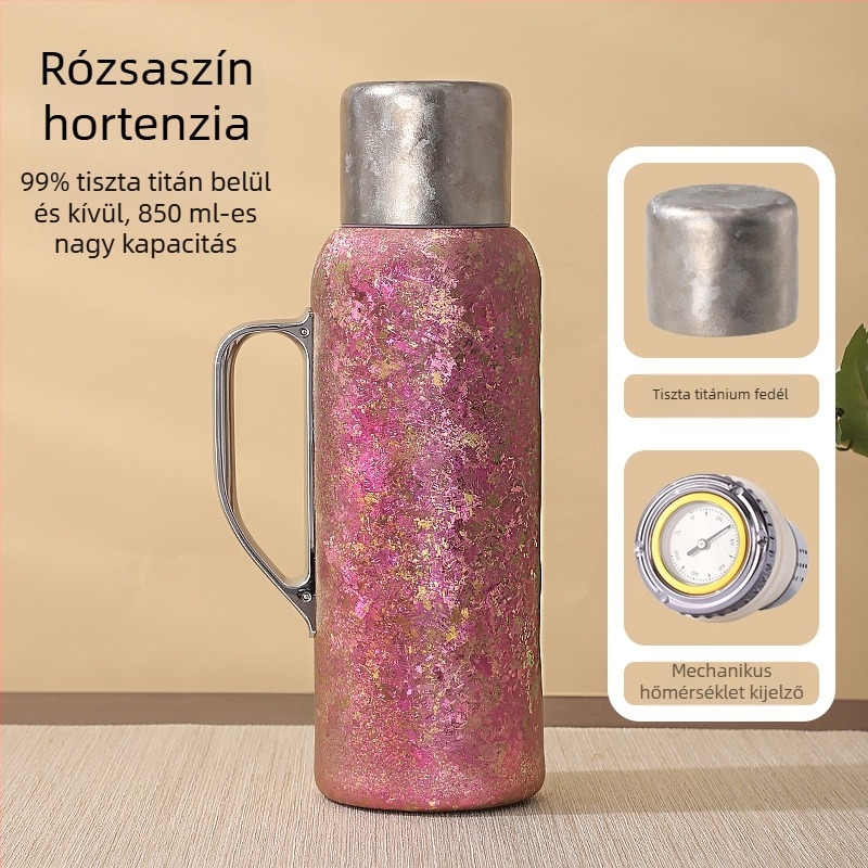 Hőmérséklet-kijelzővel ellátott szigetelt pohár, belső tiszta titánium, külső titán arany bevonat, 6–12 órás szigetelés