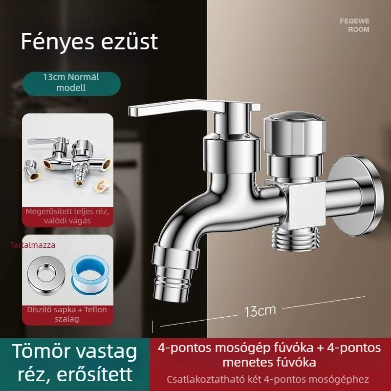 Mosógép csaptele duális kiáramlással, rézötvözet, kerámiás szeleppel, elektroplakált felület, gombos telepítés